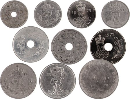 Danmark - 10 forskellige nikkelmønter