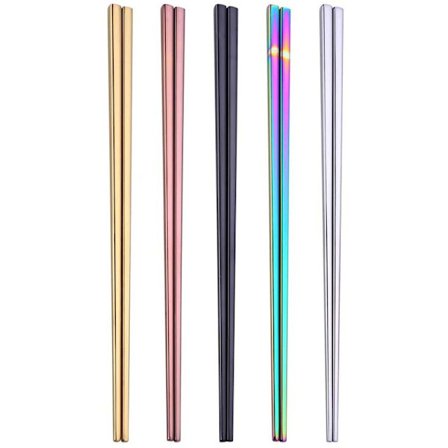 Letvægts flerfarvede genanvendelige serie rustfrit stål spisepinde 304 rustfrit stål spisepinde metal spisepinde 5 par gaveæske