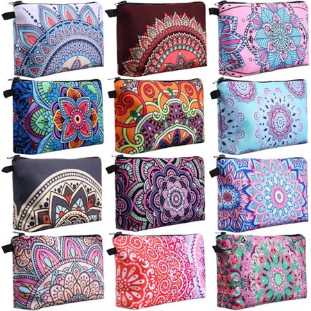 12 Stk. Kosmetiktasker Makeup Tasker Printet Mandala Blomst Rummelig Toilet Taske Vandtæt med Lynlås Rejsetilbehør til Kvinder Piger