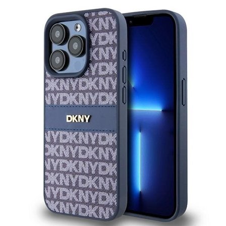 DKNY lærveske med ensfarget stripe og metalllogo til iPhone 15 Pro - blå