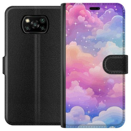 Kompatibelt Lommeboketui til Xiaomi Poco X3 NFC Søt enhjørning med regnbuefarget hår mot en stjernebelagt pastellbakgrunn i kawaii-stil