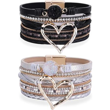 Multilayer Wrap Læderarmbånd Hjerte Moderne Boho Armbånd med Magnetisk Spænde Manschet Rhinestones til Kvinder Julegaver