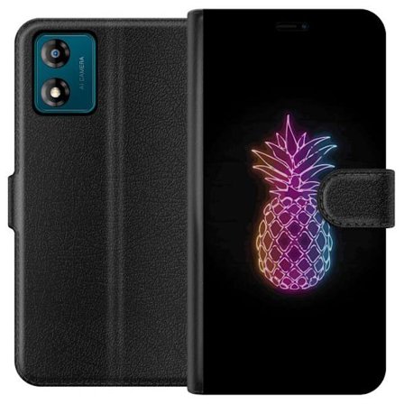 Kompatibelt Lommeboketui til Motorola Motorola Moto E13 Neonlysillustrasjon av ananas i fargerikt lys mot svart bakgrunn