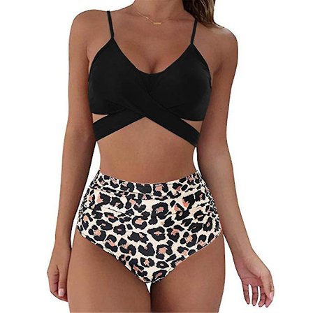 Damer Wrap Bikini Sæt Push Up Høj Talje Todelt Badetøj Split Slange Skind Print Badetøj Til Svømning (sort Leopard Print) Xl