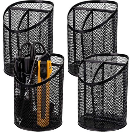 4-pakks rund stålnett pennholder metall blyant skrivebordsholder arrangør for skrivebordskontor penn arrangør, 3 rom, svart 11 x 8,5