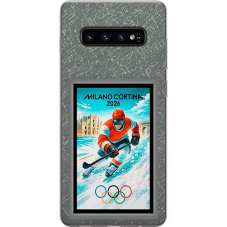 Yhteensopiva Puhelinkuori Samsung Galaxy S10 Curlingkuvitus pelaajilla ja kivillä jäällä, Milano Cortina 2026, lumisia roiskeita ja olympiasormukset
