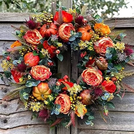 Höstpion och pumpakrans, konstgjord tacksägelsekrans, höstkransar året runt