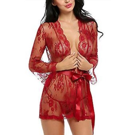 Seksikäs pitsinen naisten alusasu, yöpaita, oloasu, stringit, babydoll-alusasusetti (M, punainen)