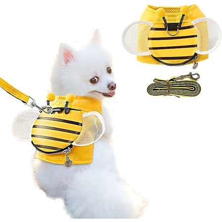 Mehiläisen muotoinen pieni koiran valjaat ja hihnasetti Keltainen pentu kävelyliivi välipalapussilla Söpö liivivaljaat siivillä kissoille, kaneille ja