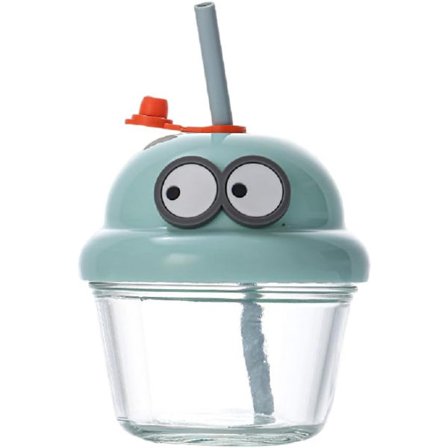 ING Universal 210ml/7oz pillimuki, läpinäkyvä lasi, kannettava, hauska sarjakuva lasten juomakuppi, kompakti vesipullo, söpö sarjakuvakuvio, sininen