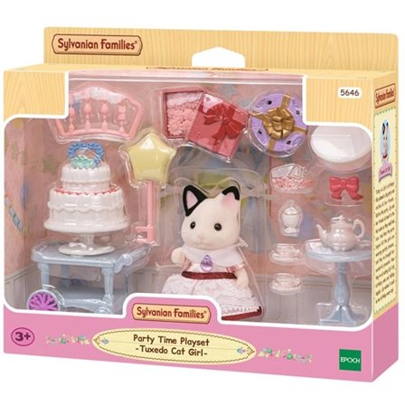 Sylvanian Families Lekesett partytime med Tuxedo-kattefigur og tilbehør