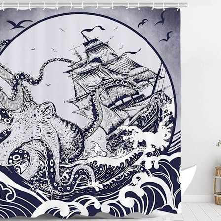 Duschdraperi, Amm Tyg Duschdraperier För Badrum, Nautisk Bläckfisk Med Skepp Svart 72''72''