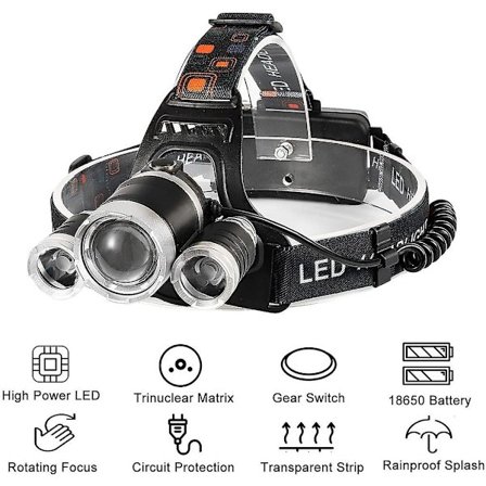 Superljus LED-pannlampa, vattentät pannlampa med 5000 lumen, handsfree pannlampa för camping, vandring, fiske