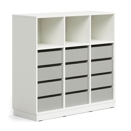 Student storage CASPER, 12 drawers, 3 upper compartments, base frame, white/grey