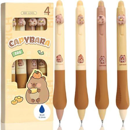 Eläinten pyyhittävät kynät 4 kpl - Kapybara-aiheiset kapybarakynät - Sininen lämpöherkkä muste - 0,5 mm kärjen halkaisija - Pallo päässä musteen 