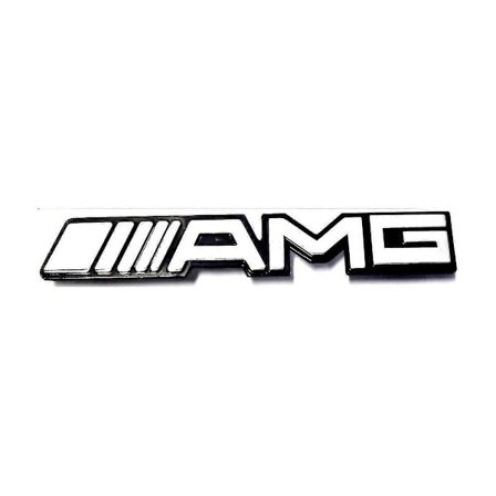 Silverkromad AMG Mercedes Benz grill-emblem med svart bakgrund (195mm x 15mm)