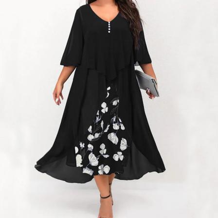 Dam Print Halv Ärm V-hals Falska Två Delar Klänning