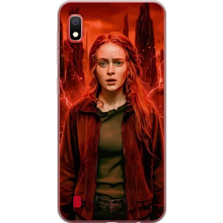 Kompatibelt Mobilskal till Samsung Samsung Galaxy A10 Porträtt av en ung kvinna med rött hår i en apokalyptisk landskap, röda blixtar och mörka k