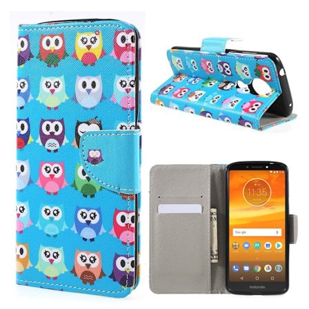 Motorola Moto E5 Plus Kuviollinen Seisova Nahka Lompakko Kuori -Pöllöt Sininen Tausta