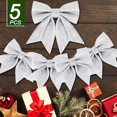 Store Sølv Glitter Sløyfer for Juletrepynt - 5 stk. Sølv Juledekorative Sløyfer Juletre Sløyfe Juledekorasjon