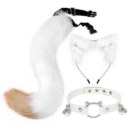 Luddiga kattöron rävsvans klockkrage halsband set Halloween fest accessoarer Lolita simulering päls plysch huvudbonad cosplay rekvisita White Camel