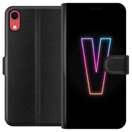 Kompatibel Tegnebogsetui til Apple Apple iPhone XR Neonbogstav V i farvegradueret lys mod sort baggrund, minimalistisk design med tydelig glød og mod
