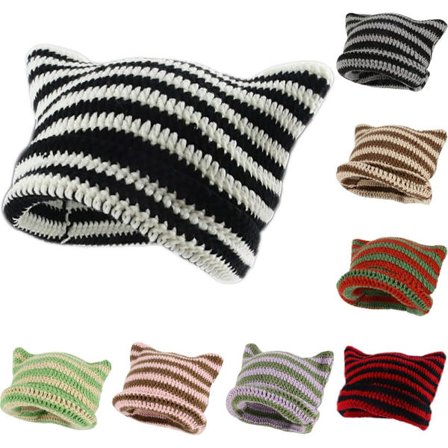 Dame Kat Beanie Strikkede Huer Med Ører Strikkede Stribede Vinter Varme Slouchy Elastisk Hue Til Piger Voksne Børn Sort hvid