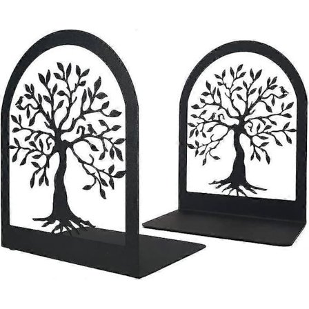 Bokstøtter i metall for bokhyller, trendy livets tre, kraftig ripebestandig og sklisikker dekorativ holder for hjem, kontor, skole, bibliotekar