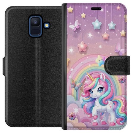 Kompatibel Tegnebogsetui til Samsung Galaxy A6 (2018) Magisk enhjørning med regnbue manke, stjerner og sommerfugle mod en pastelfarvet himmel med skye
