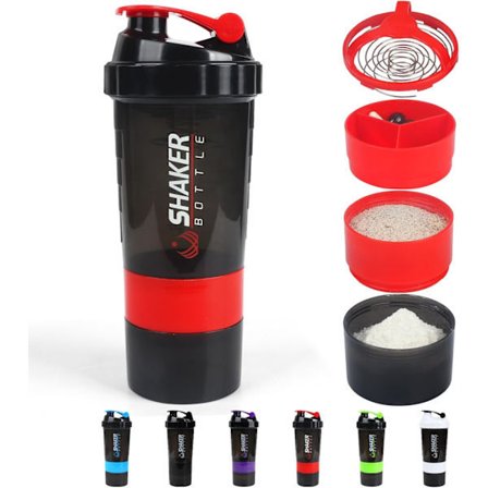 Protein Shaker Flaska, Läcksäker Sportvattenflaska för Proteinmixer - Halkfri 3 Lager, 47 cl Shake Kopp med Pillbox (Svart) Röd