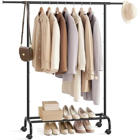 Tøjstativ, tøjstativ, tøjopbevaring med hjul, 45 kg total maks. Belastning, blæksort