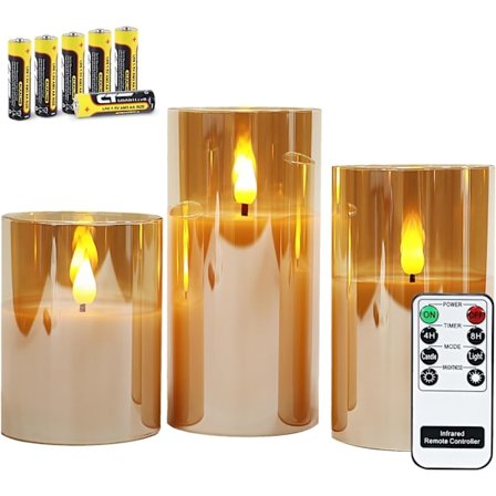 Kultaiset liekittömät kynttilät lasissa, 3 lasilyhtyä kaukosäätimellä ja ajastintoiminnolla, lämmin valkoinen