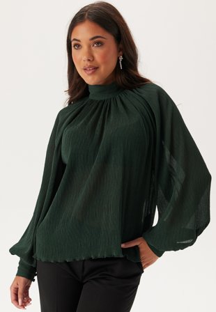 Bubbleroom - High Collar Structured Blouse - Dark green - Kläder