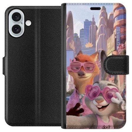 Yhteensopiva Lompakkokotelo Apple Apple iPhone 16 Plus Animoituja eläimiä aurinkoisessa kaupunkiympäristössä, joilla on pinkit aurinkolasit ja po