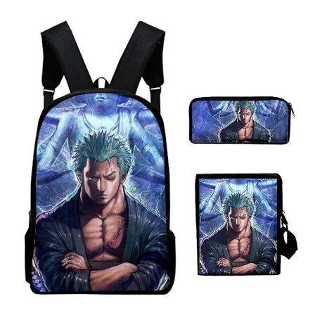 3 stk./sæt One Piece Zoro Rygsæk 3D Print Skole Taske med Crossbody Taske Pen Taske