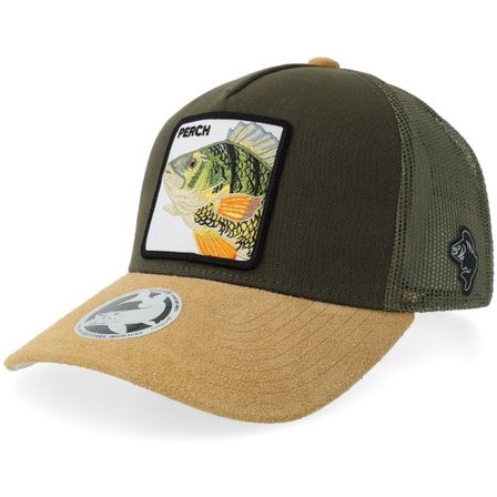 Skillfish - Grön trucker Keps - Perch Pro Fishing Olive Canvas/Wheat Suede A-frame Trucker @ Hatstore