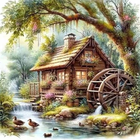 Diamond Art Kits för vuxna med landskapsmotiv, Diamond Painting Kits för nybörjare, DIY Diamond Dots Art Kits med vattenhjul, Full Round Drill för 