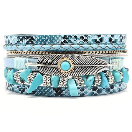 WABJTAM Dam Läder Manschett Armband Fjäder Multi Strand Armband Wrap Armband Turkos Boho Armband Flätad Läder Armband Bohemian Smycken Gif