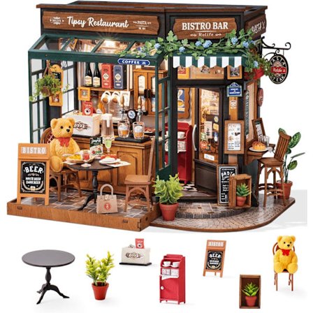Miniature House Building Kit Tipsy Restaurant - Modelbyggesæt Miniature Dukkehus Byggesæt til Voksne Minihus Hjem Skrivebord Bogreol Dekorationsidé