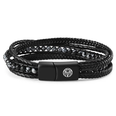 Naxos Læderarmbånd m. Snowflake Obsidian til mænd - Perlearmbånd