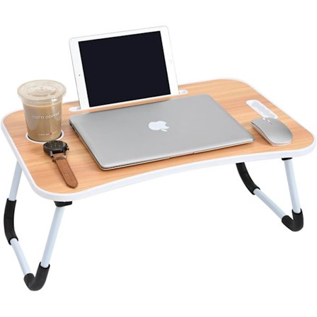 Laptop Seng Bord, Notebook Bord Hybelpult, Bærbar Fangbord, Notebook Bord Hybelpult med Sammenleggbare Ben & Koppholder, for Å Spise Frokost