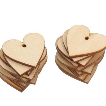Pakke med 100 træhjertedekorationer, træhjerte, 80 mm med snor til bryllup DIY