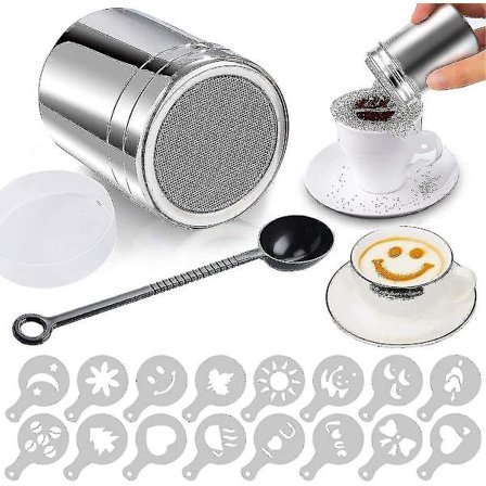Højkvalitets kakaoshaker i rustfrit stål, flormelis shaker, kakaoshaker med låg og 16 kaffe cappuccino skabeloner til kakaopulver, Chocolate_Qu