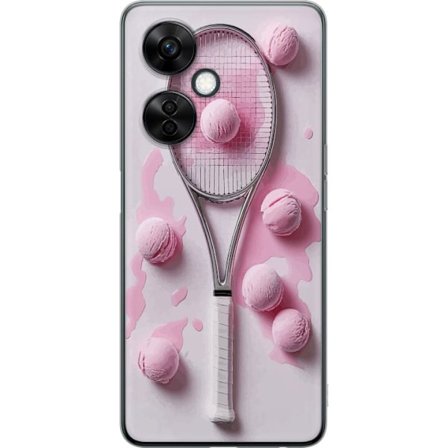 Kompatibel Mobilcover til OnePlus OnePlus Nord CE3 Rosa glaskugler og tennisketsjer i et kreativt stillbillede med legende popfølelse og moderne desi