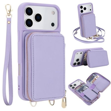 til iPhone 17 Pro Etui Wallet Case, PU Læder Crossbody Telefonpung med Lynlåslomme, Kreditkort Holder Håndledsrem