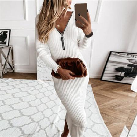 Höst V-ringad Casual Långärmad Party Bodycon Ribbstickad Klänning
