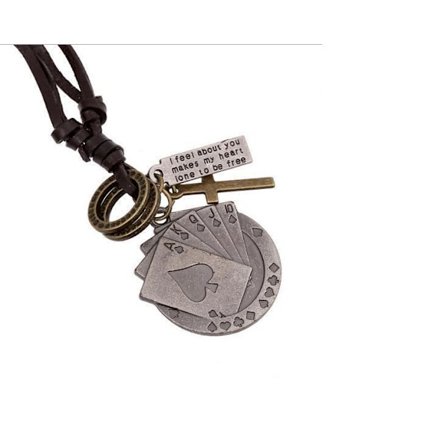 Halskæde med læderrem og vedhæng med tekst med spillekort