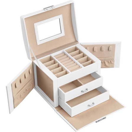 3-Etasjers Smykkeskrin/Eske med Speil, Låsbar Smykkeorganisator med Håndtak, 2 Skuffer, Reisesmykkeoppbevaring