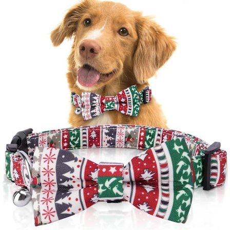 Halsbånd med sløyfe til jul for hund, julehalsbånd til hund med sløyfe og bjelle, justerbar myk sløyfe til kjæledyr i bomull