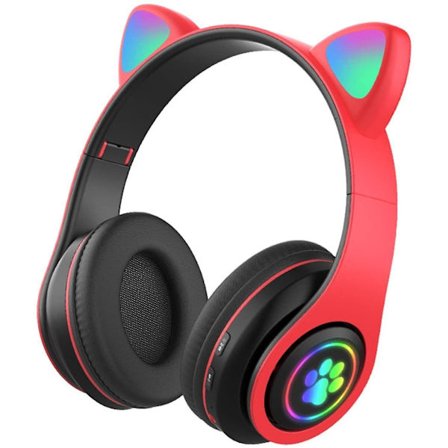 (red)kids Headphones Bluetooth5.0 Multifunction Cat Ear Extra-long Battery Life Stereo Sound Led Lights Foldable Adjustable Portable Headset Multi-col